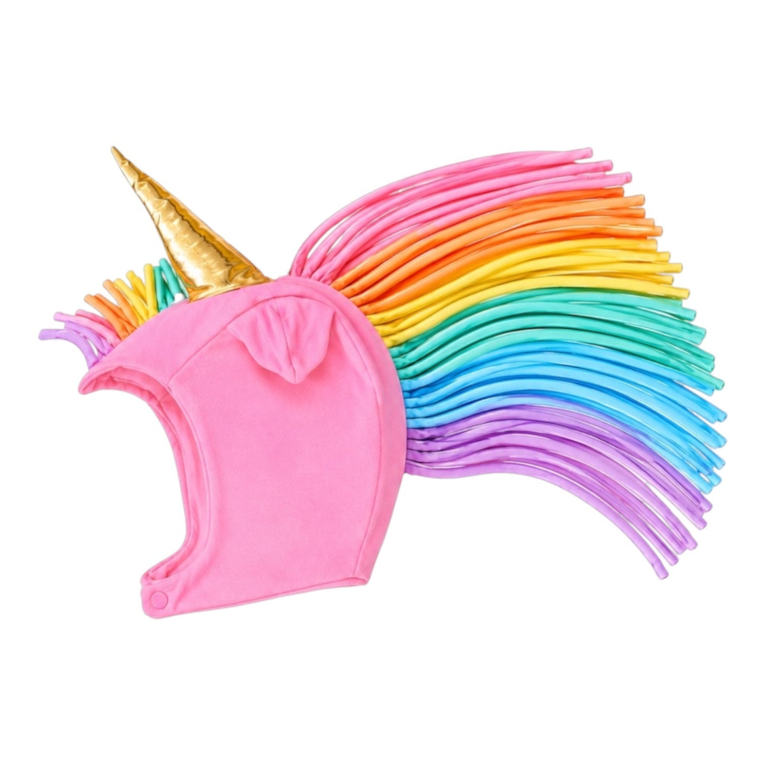 Pink Unicorn Hat with rainbow mane and gold horn, handmade in California from recycled cotton