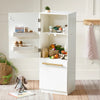 Tiny Land kids wooden play fridge with cabinet doors open showing toy storage inside a modern playroom