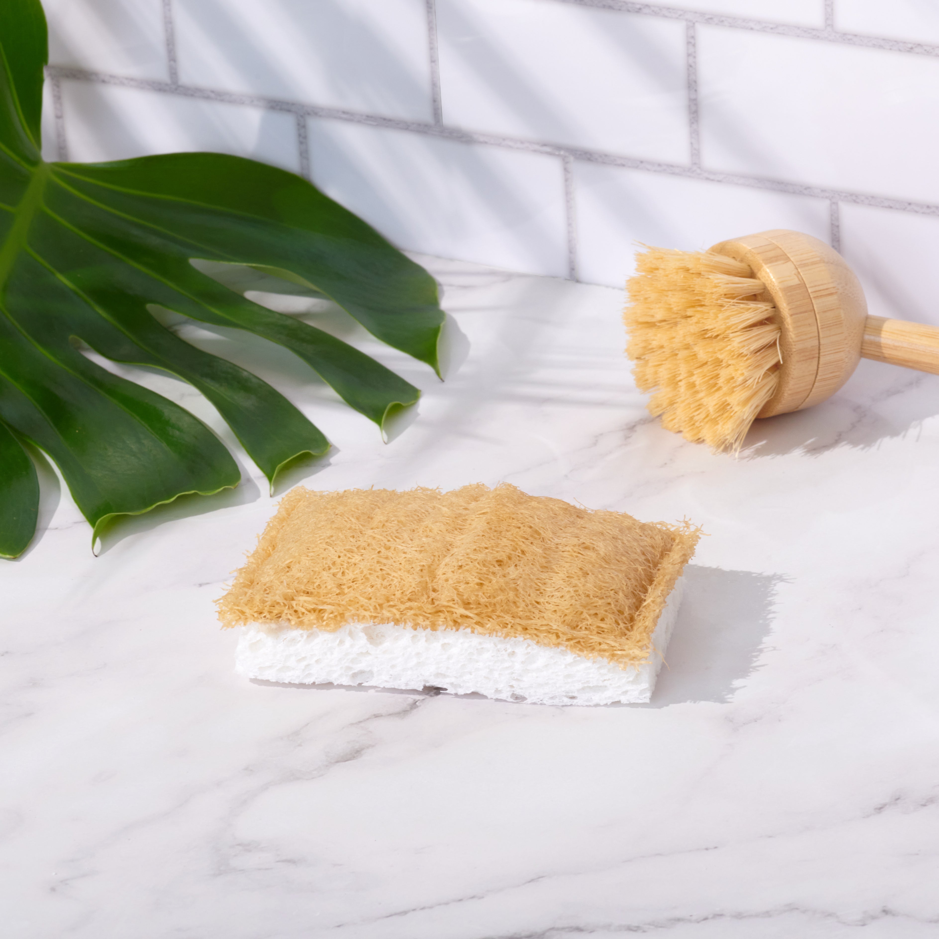 Desesh plant-based cellulose dish sponge being used to wash dishes in a kitchen sink