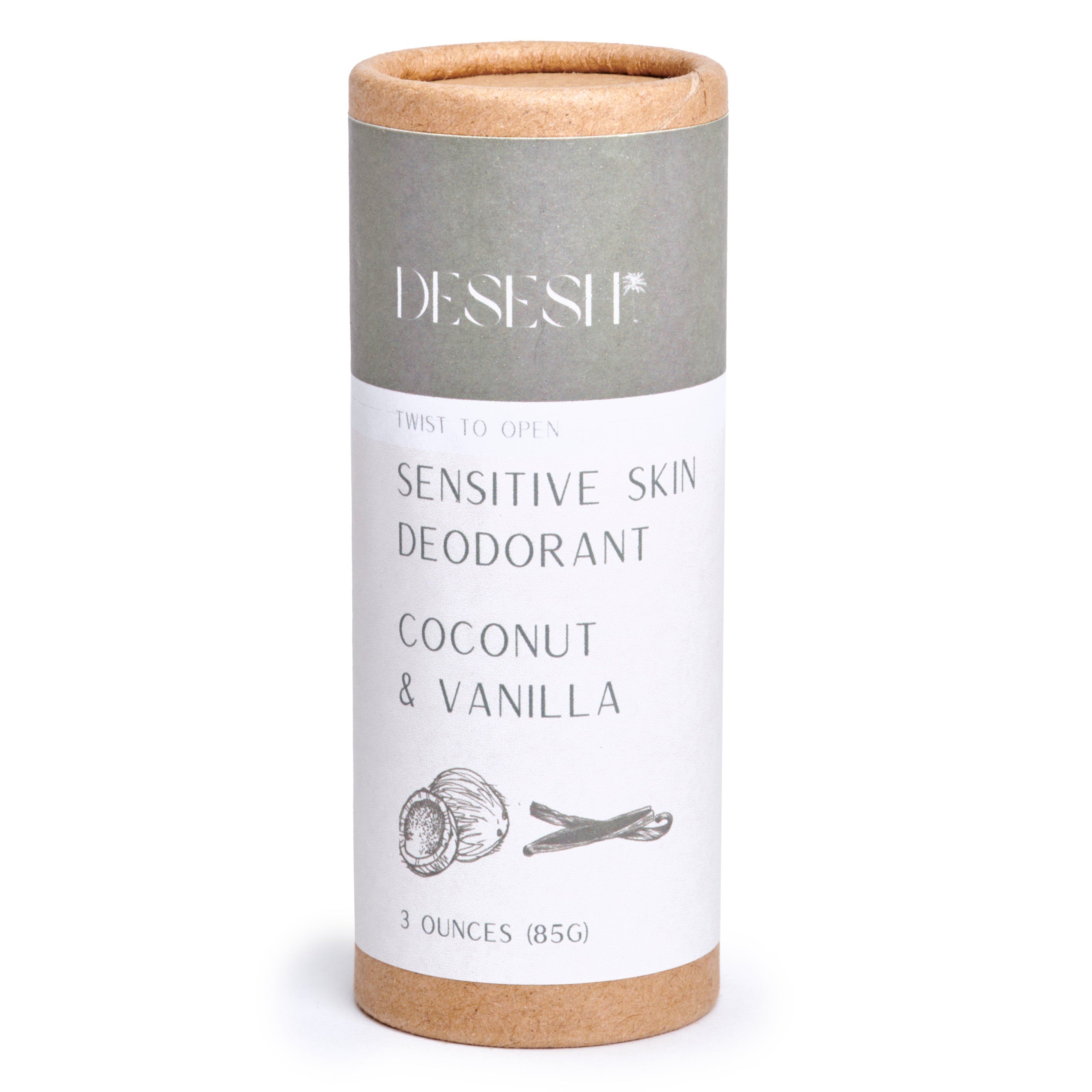 Desesh Natural Sensitive Deodorant in Coconut Vanilla scent – aluminum free, baking soda free, plastic free solid cream deodorant