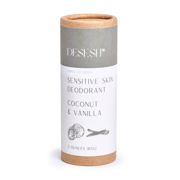Desesh Natural Sensitive Deodorant in Coconut Vanilla scent – aluminum free, baking soda free, plastic free solid cream deodorant