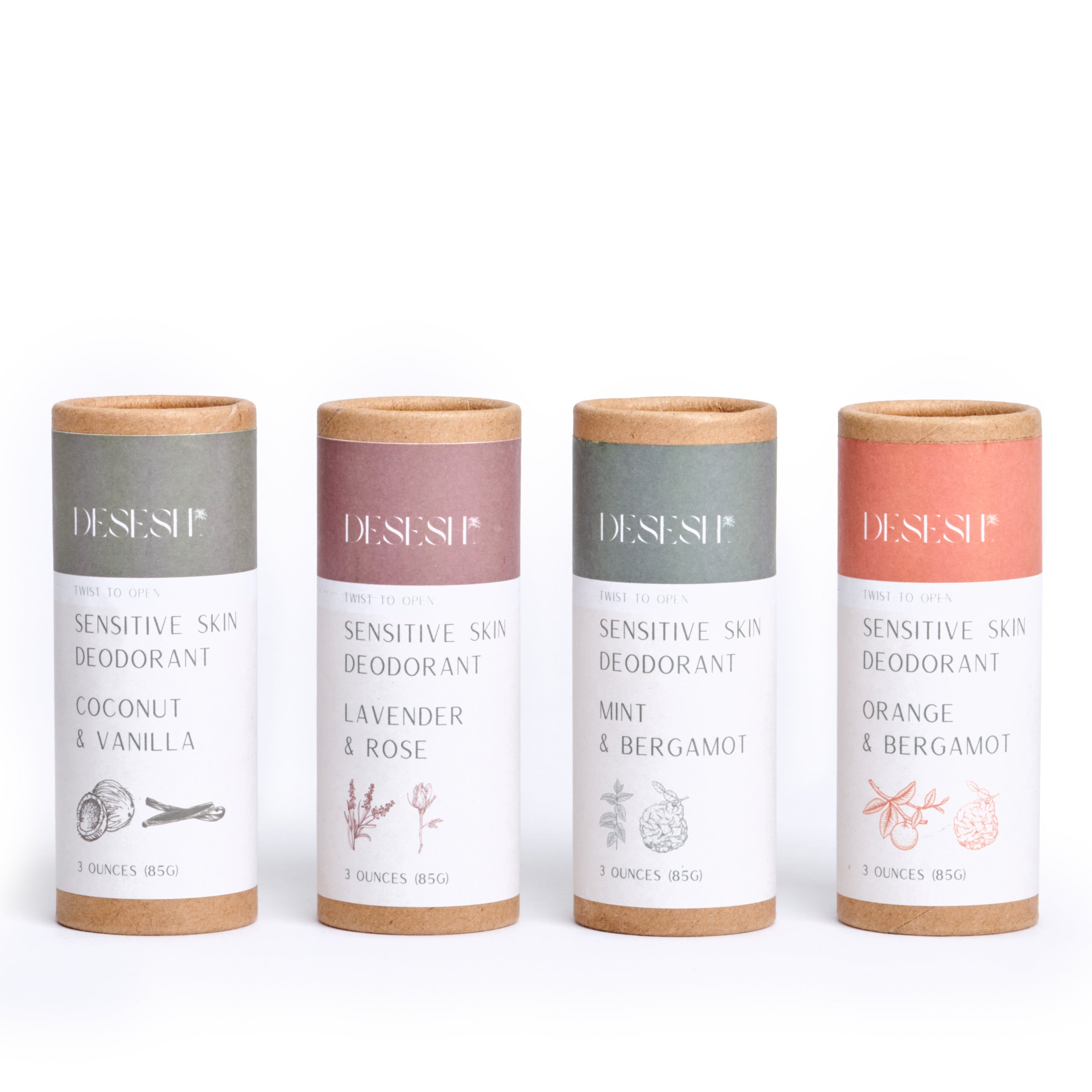 Desesh Coconut Vanilla natural deodorant tube close-up – vegan, cruelty free, plant-based ingredients