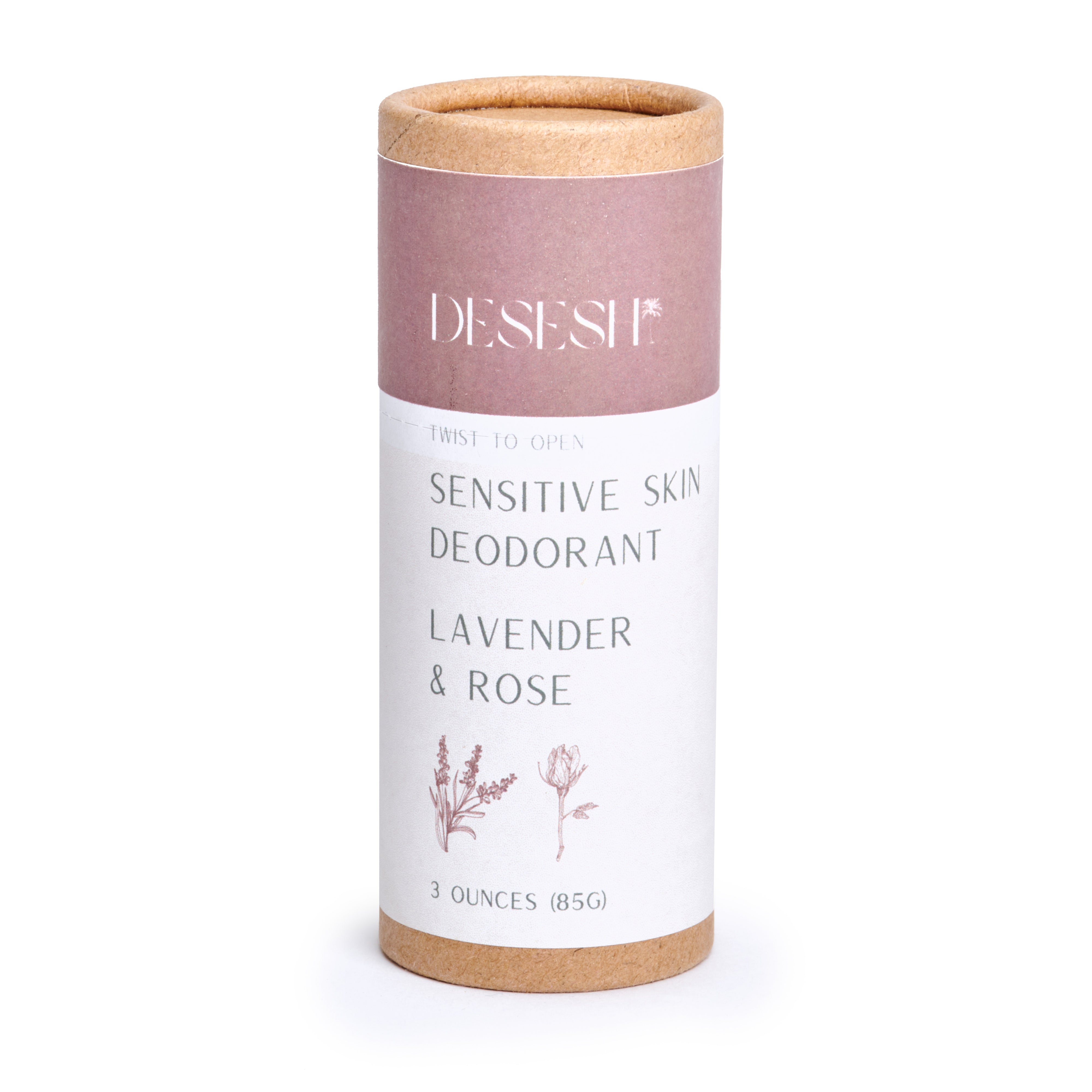 Desesh Natural Sensitive Deodorant in Lavender Rose scent – compostable packaging, aluminum free, baking soda free