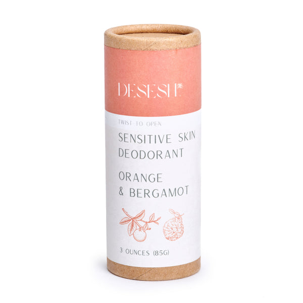 Deosil sensitive skin deodorant tube with orange and bergamot scents on a white background