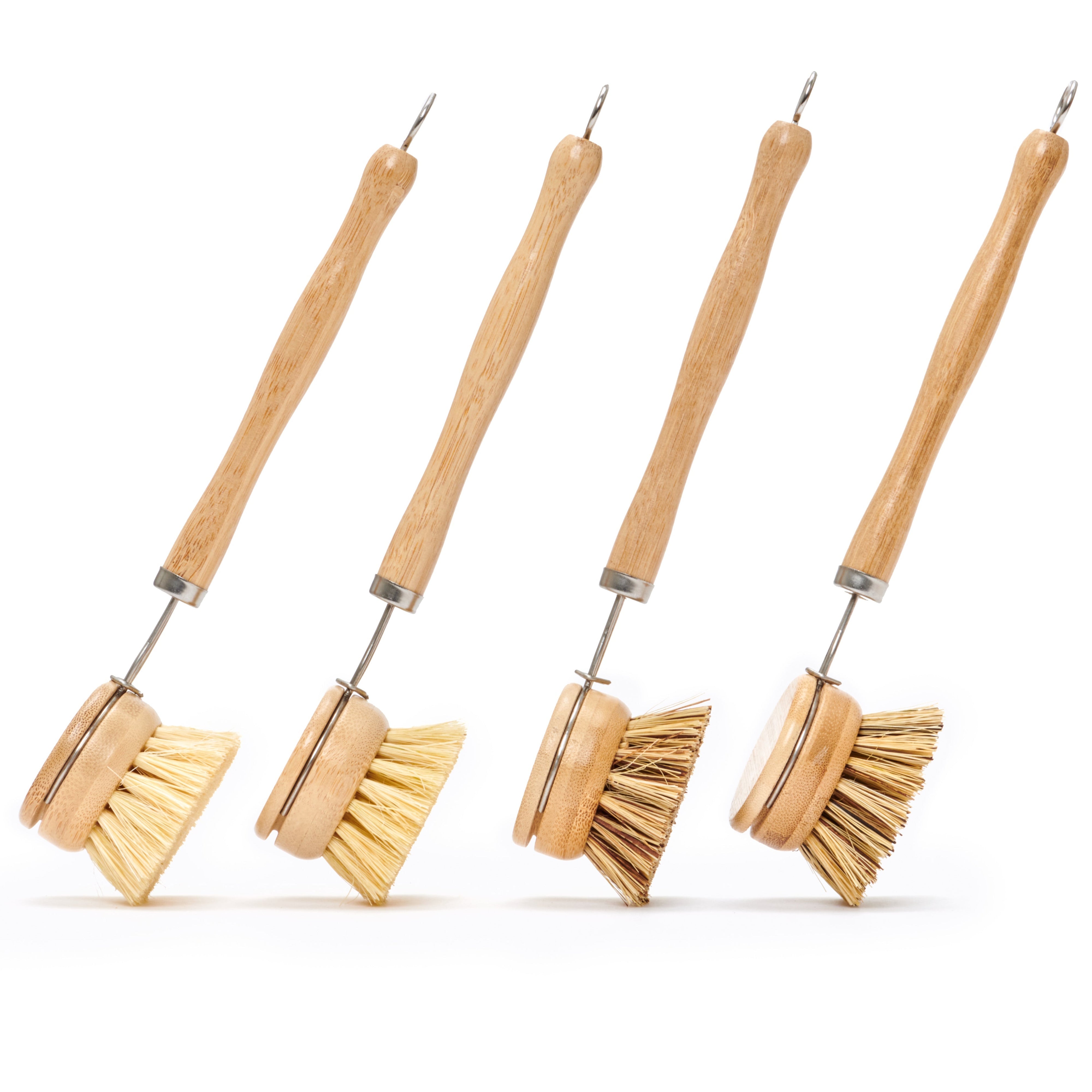 Desesh long handle wood and metal dish brush with natural fiber bristles on a clean surface