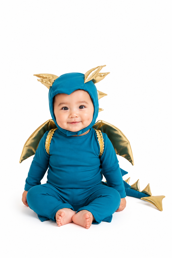 Child wearing the Jade Blue and Gold Dragon Costume pajama set
