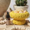 Yellow ceramic bowl with crystals, a bottle of essential oil, and a cactus in the background.