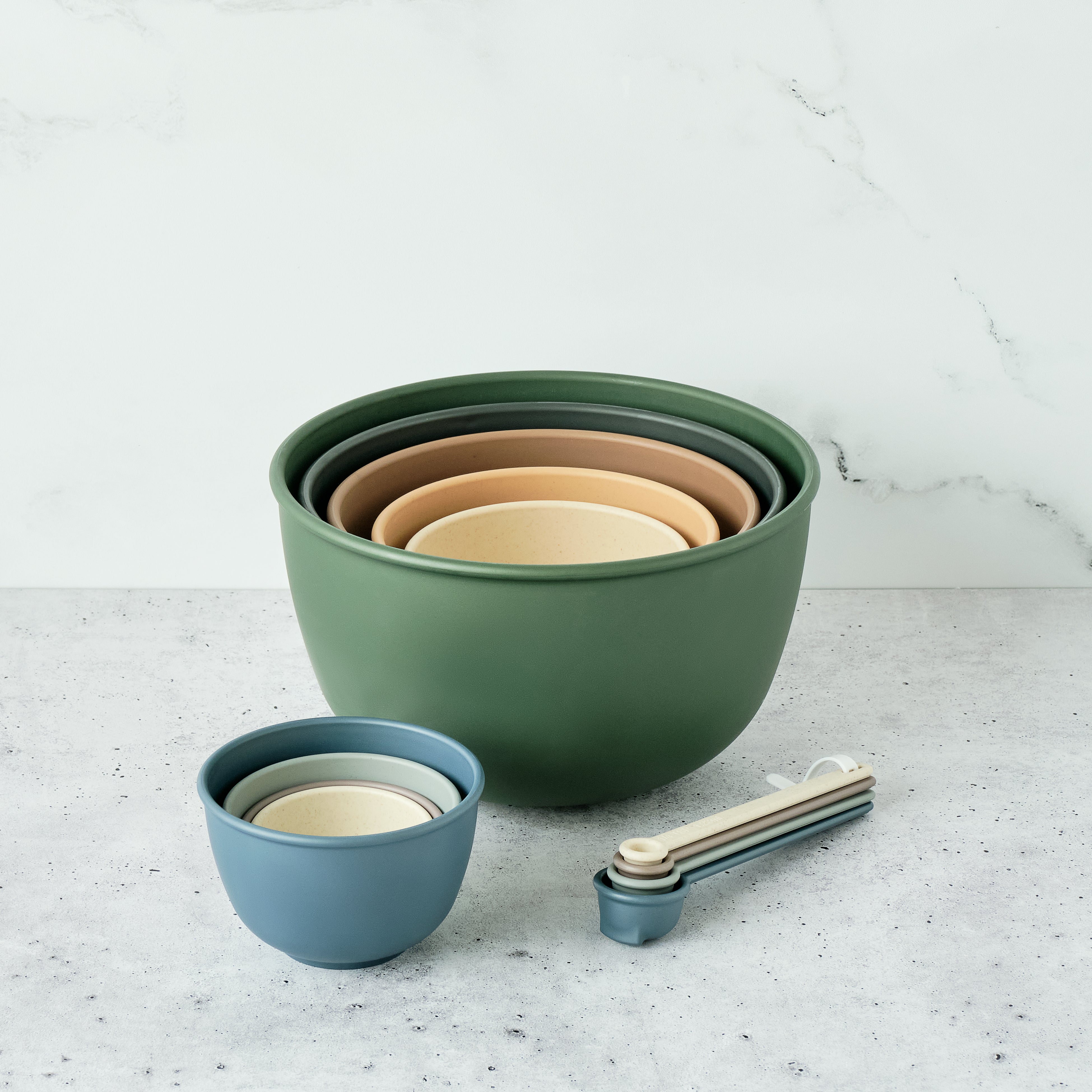Close-up of Bamboozle Astrik plant-based mixing bowls with satin finish on a kitchen countertop