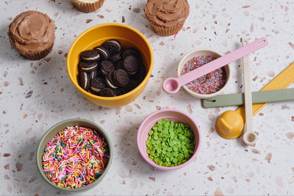 Bamboozle measuring and bowl lid bundle styled in a home kitchen setting