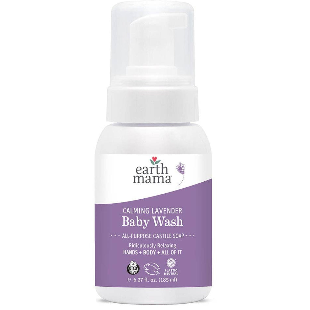 Earth Mama Organics Calming Lavender Castile Baby Wash bottle with organic lavender and vanilla formula