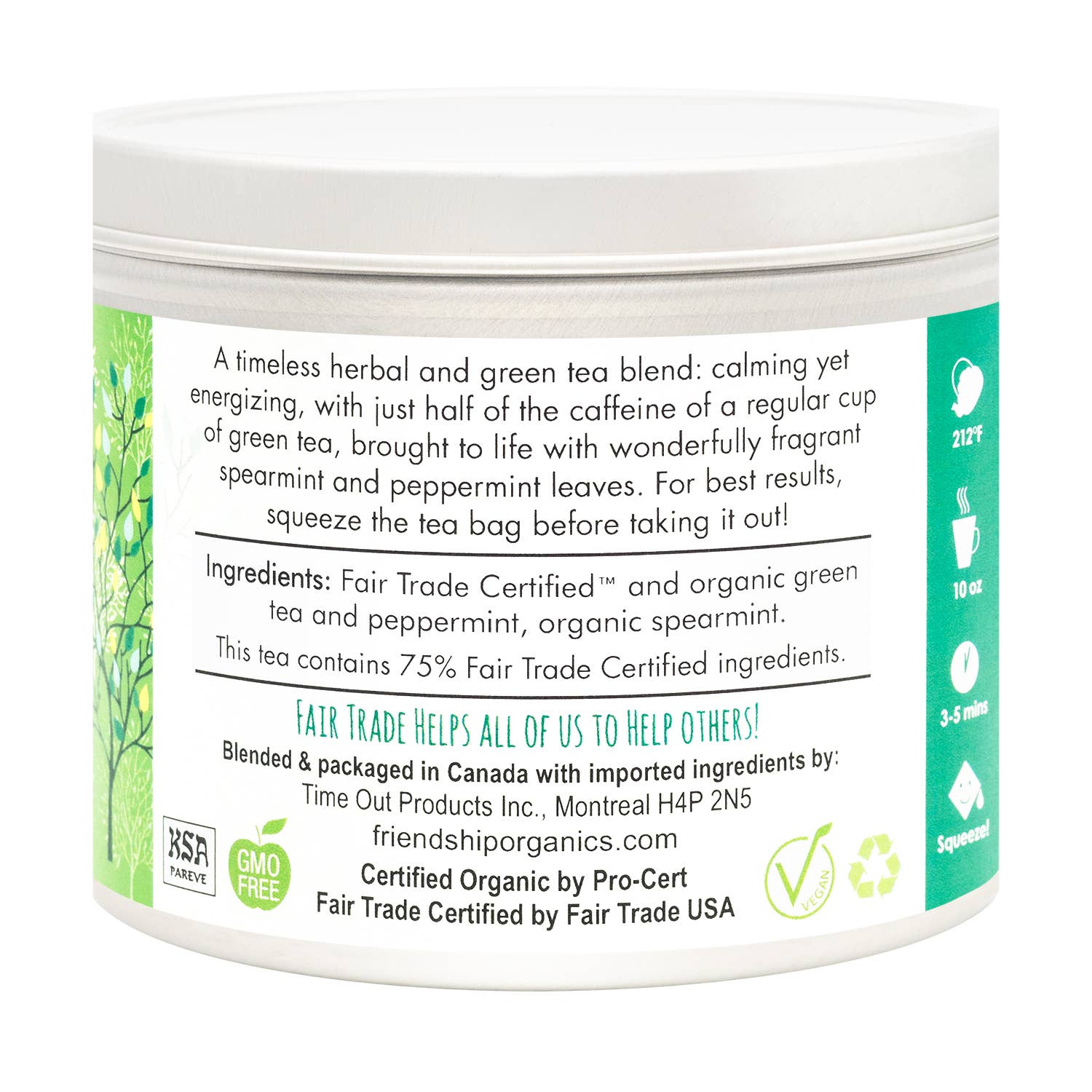 Reusable and recyclable Friendship Organics tea tin on a natural surface