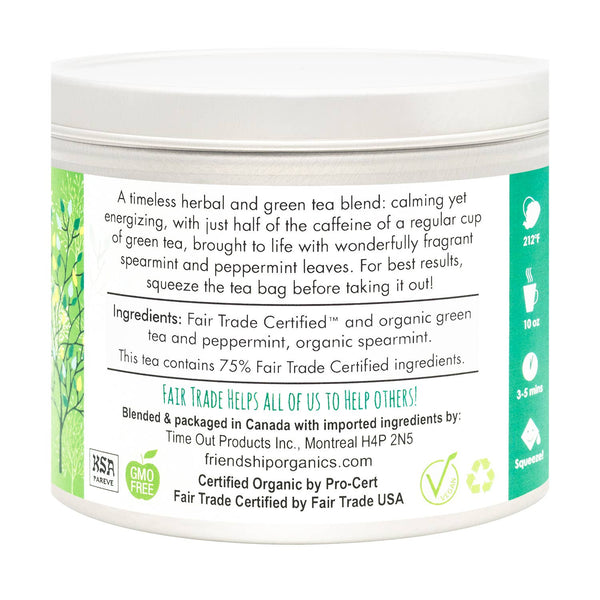 Reusable and recyclable Friendship Organics tea tin on a natural surface