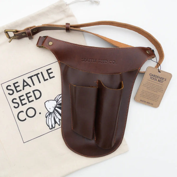 Genuine leather gardener's tool belt by Seattle Seed Company — a practical and lasting gift for gardeners