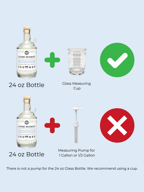 Rustic Strength pump size comparison showing 1 gallon jug pump versus 24oz bottle
