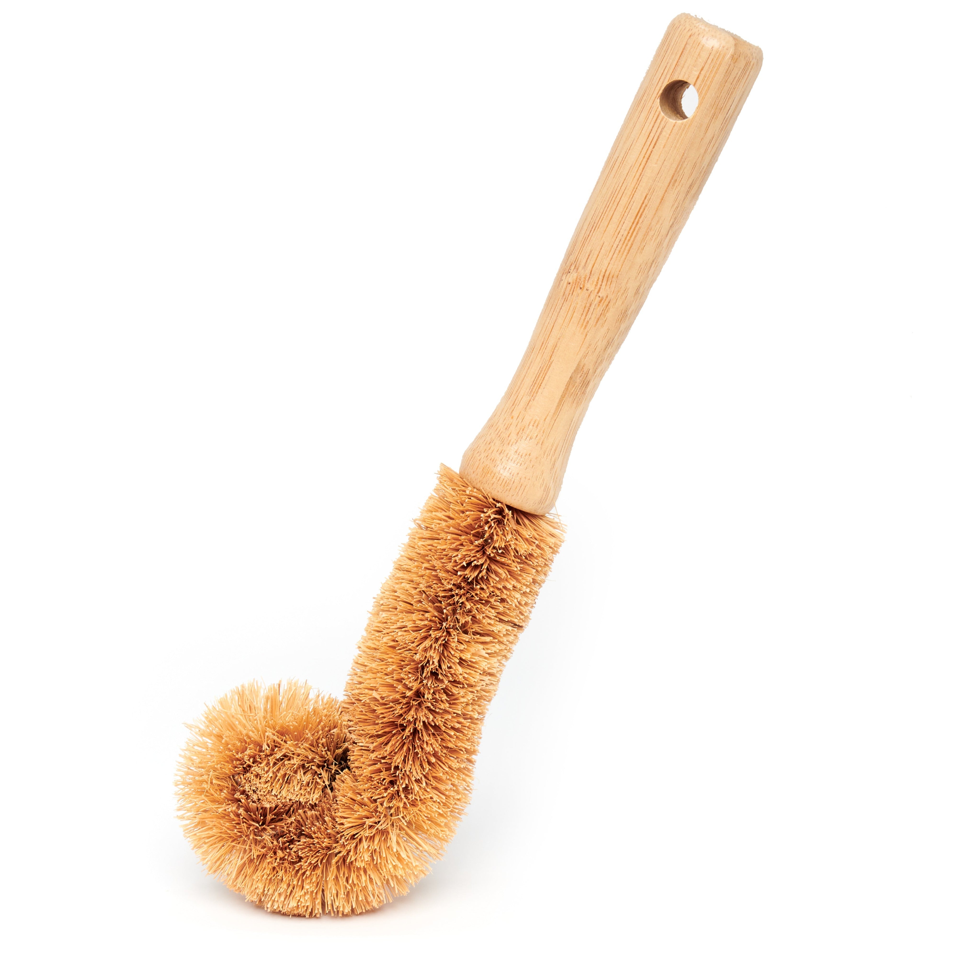 Desesh bamboo and coconut fiber bottle cleaning brush with ergonomic handle on neutral background