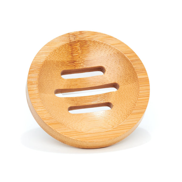 Desesh circular bamboo soap dish with slatted design on a bathroom countertop