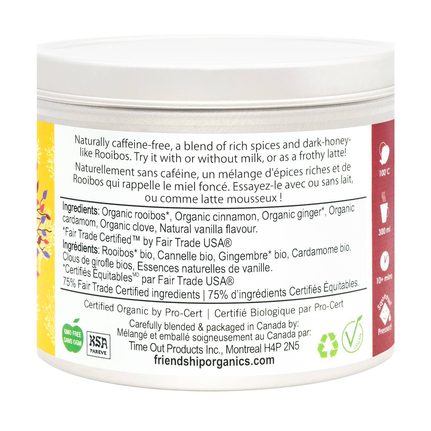 Container of organic rooibos with ingredient list and branding on a white background