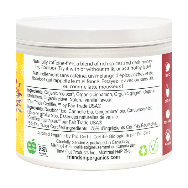 Container of organic rooibos with ingredient list and branding on a white background