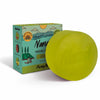 Yellow facial soap bar with a colorful box on a white background. NANAH Prickly Pear facial soap — nopal extract, hyaluronic acid, niacinamide & vitamin C for dry & combination skin. Balances pH & brightens. Plastic-free. Shop now.