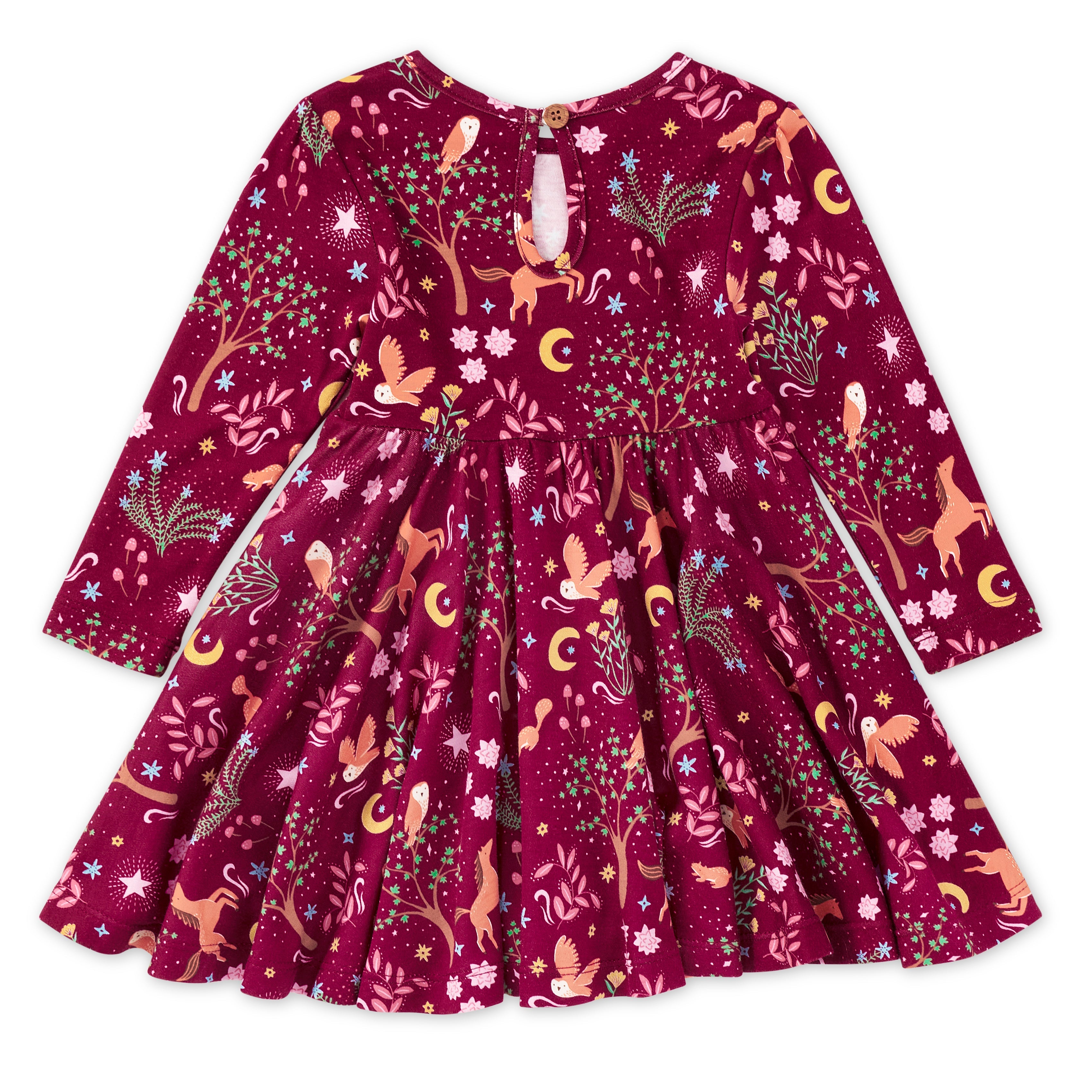 Woodland Dreams kids twirly dress in bamboo and organic cotton — flat lay back view showing button enclosure