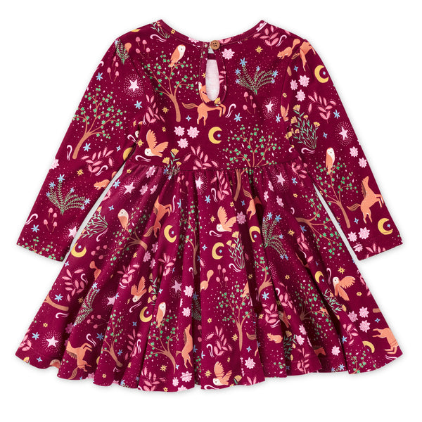 Woodland Dreams kids twirly dress in bamboo and organic cotton — flat lay back view showing button enclosure