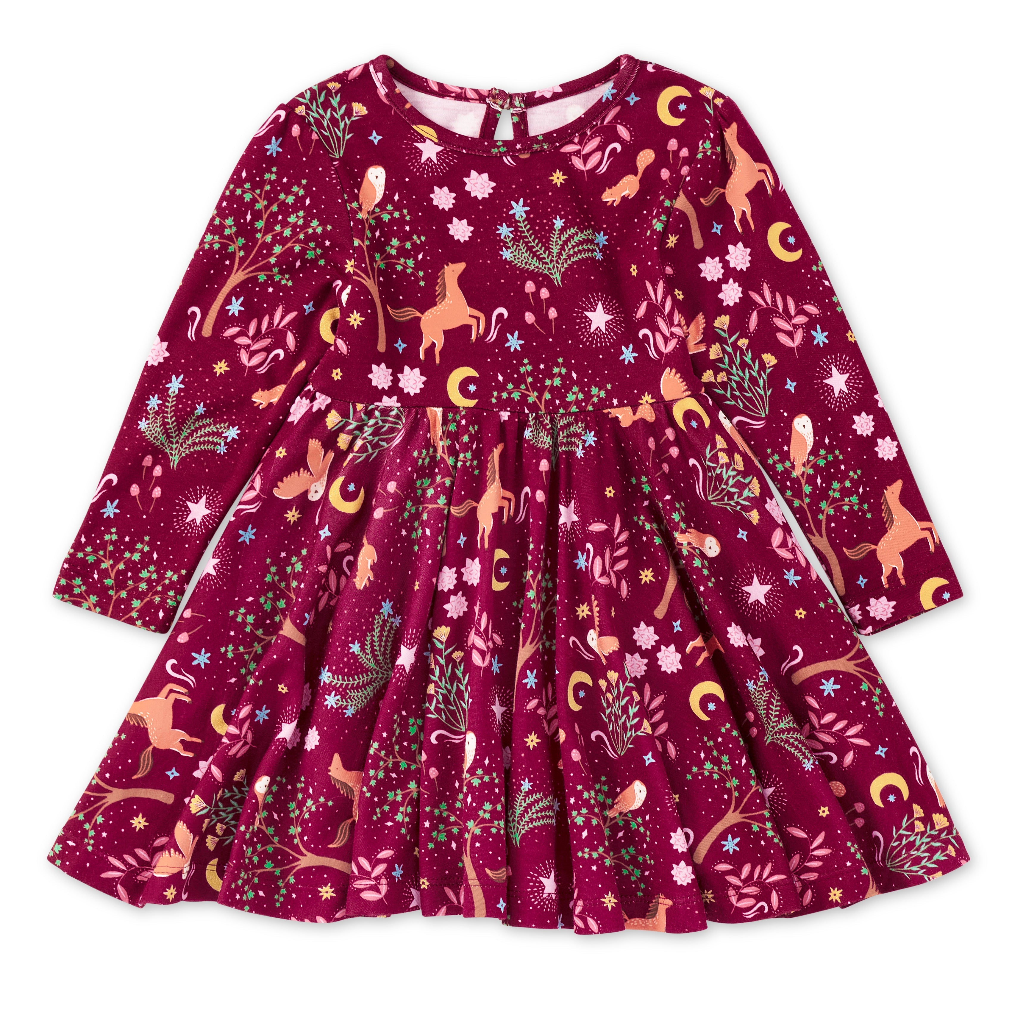 Bamboo blend long sleeve twirly dress in Woodland Dreams print with horses, owls, moons and stars — flat lay front view