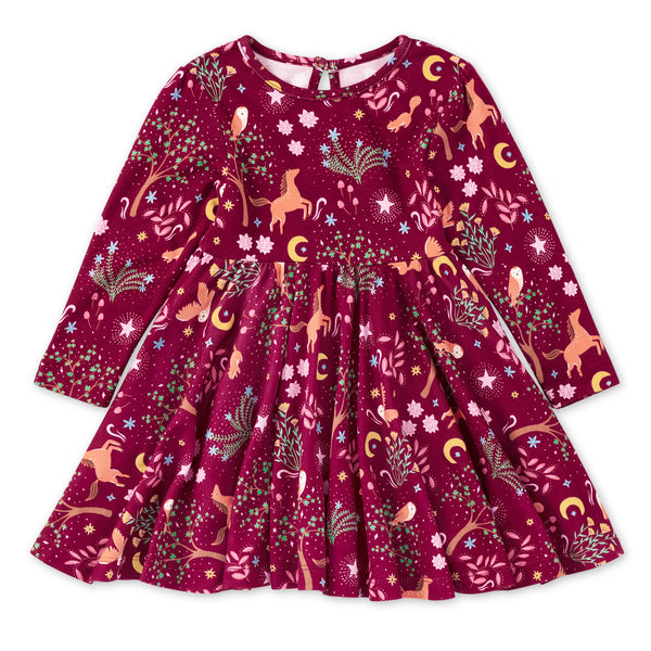Bamboo blend long sleeve twirly dress in Woodland Dreams print with horses, owls, moons and stars — flat lay front view