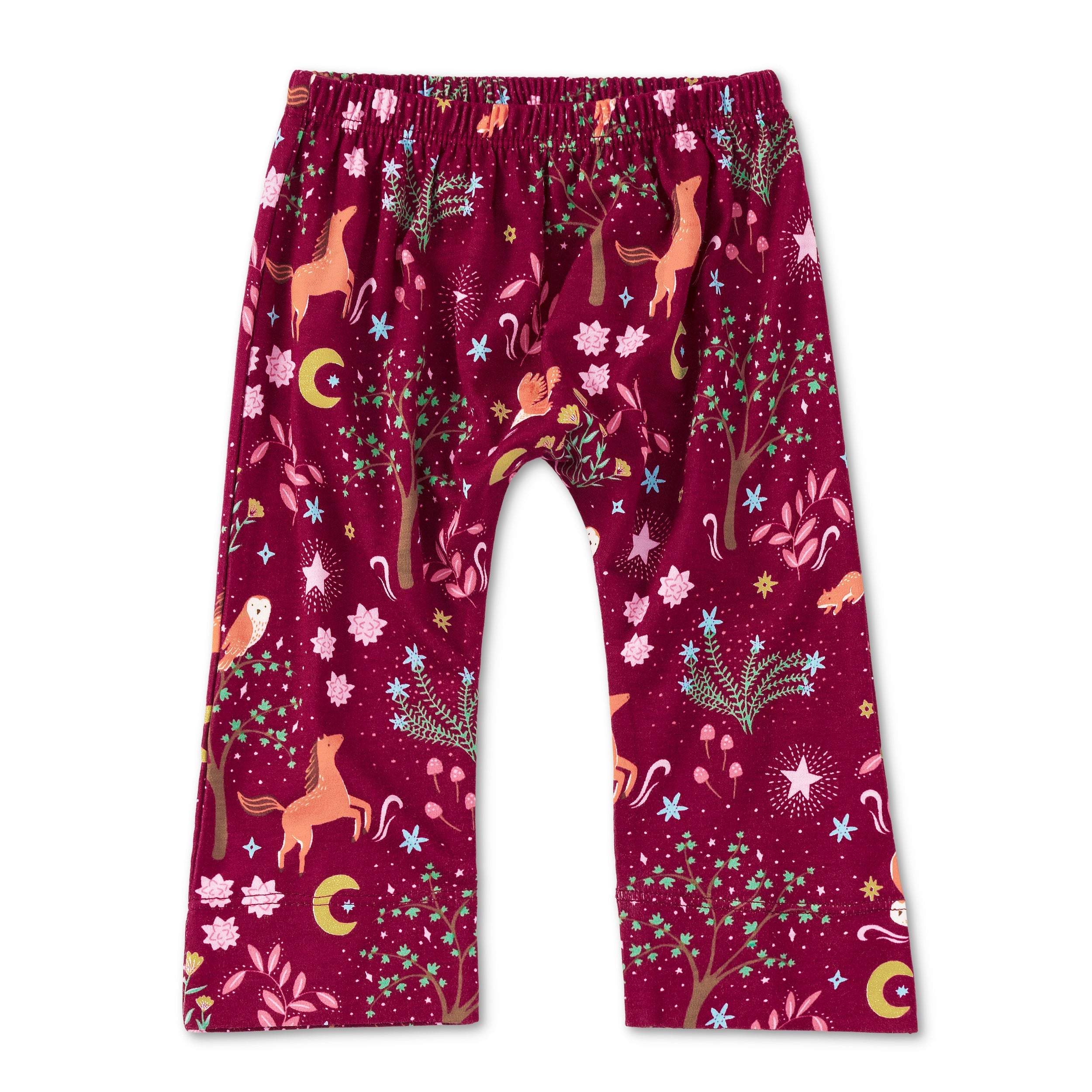 Apple Park Woodland Dreams bamboo blend organic cotton baby layette pant laid flat, featuring a soft printed woodland design for infants