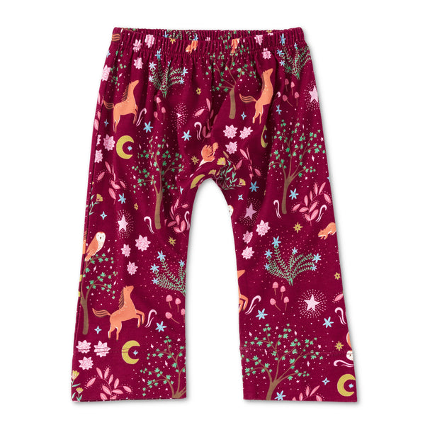 Apple Park Woodland Dreams bamboo blend organic cotton baby layette pant laid flat, featuring a soft printed woodland design for infants