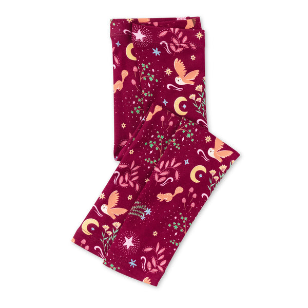 Apple Park Woodland Dreams kids leggings flat lay — eco-friendly bamboo blend with horse, moon, owl and star print