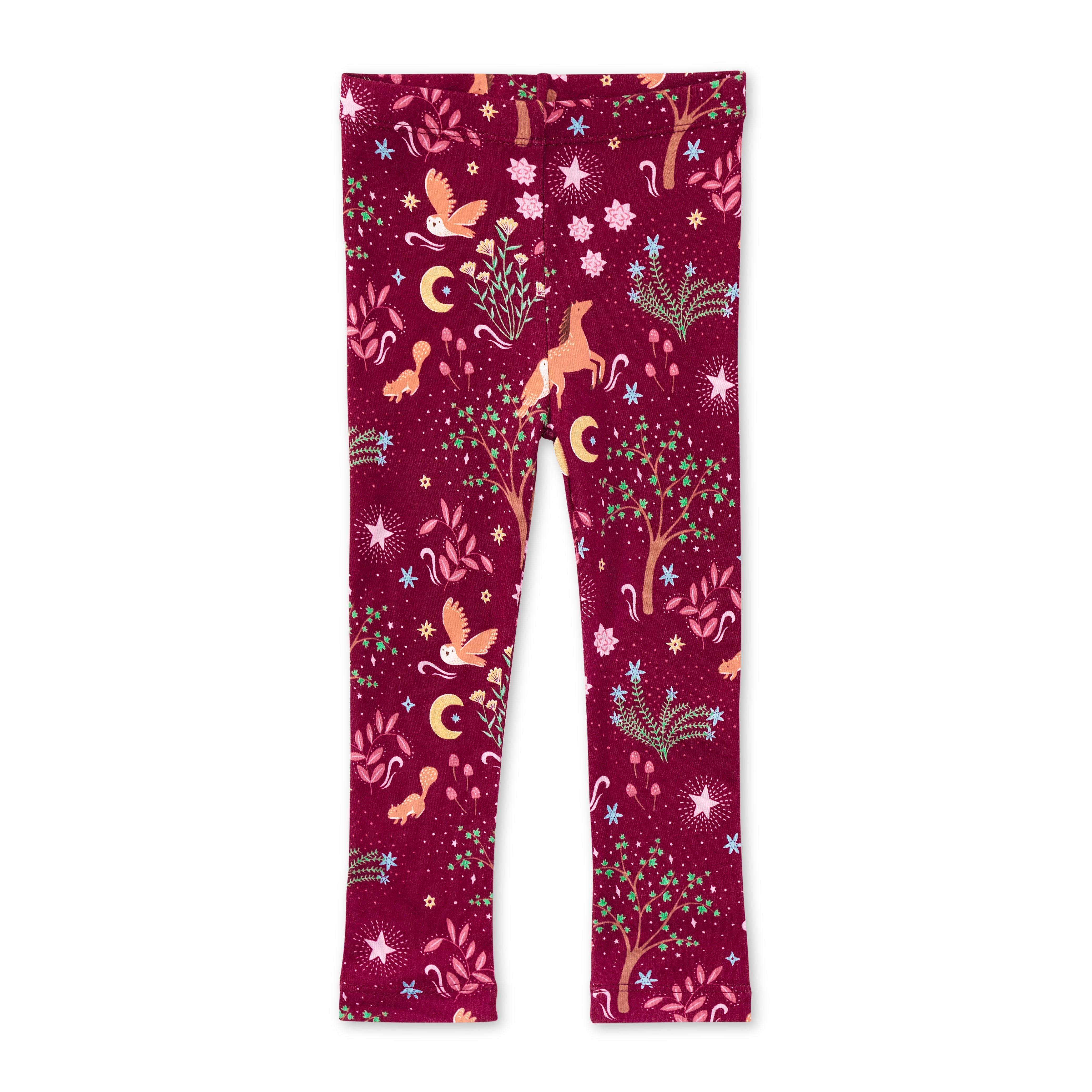 Apple Park Woodland Dreams bamboo blend kids leggings flat lay featuring horse and moon print with owls and enchanted trees