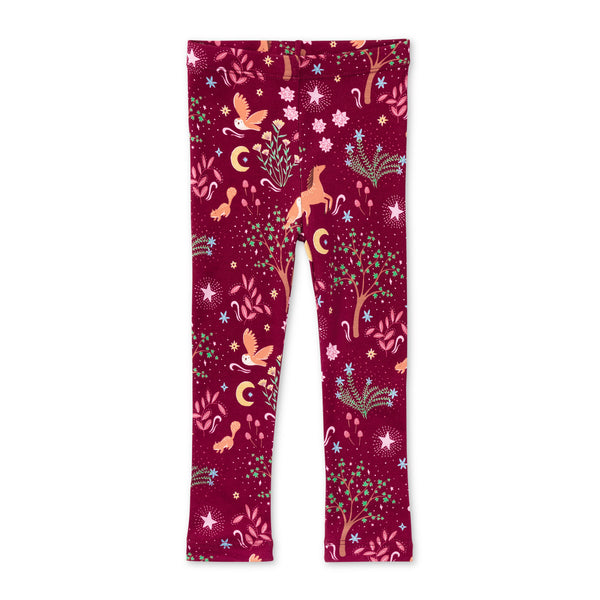 Apple Park Woodland Dreams bamboo blend kids leggings flat lay featuring horse and moon print with owls and enchanted trees