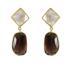 Pair of earrings with gold accents and brown gemstones on a white background