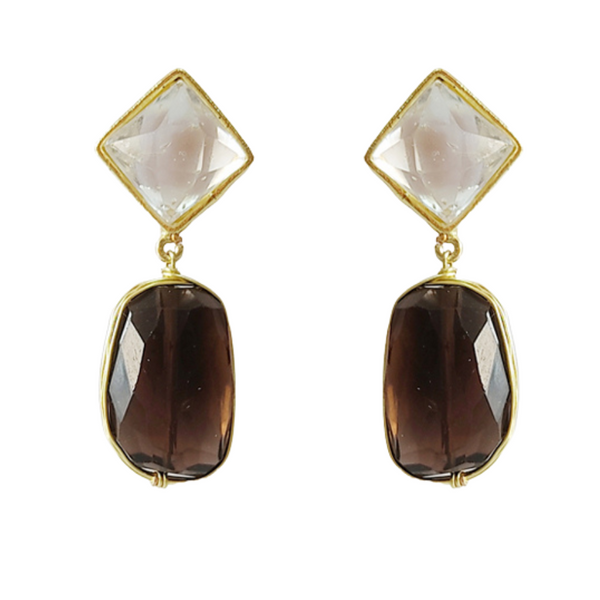Pair of earrings with gold accents and brown gemstones on a white background