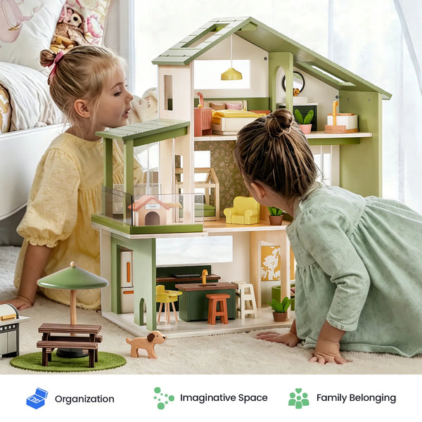 Tiny Land Sweetwood Edge dollhouse shown with its wooden furniture pieces