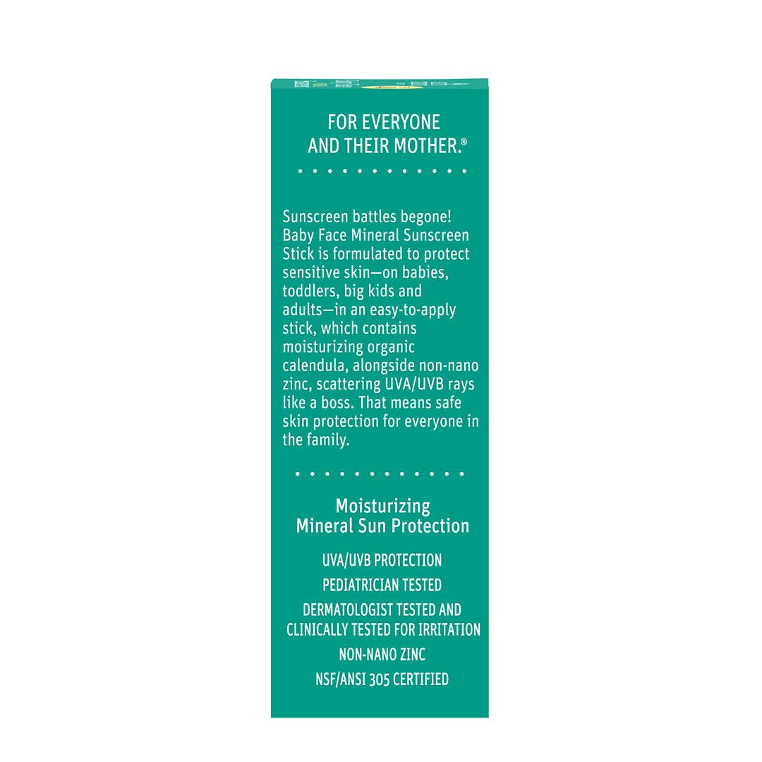 Green label with text about Baby Face Mineral Sunscreen Stick on a white background