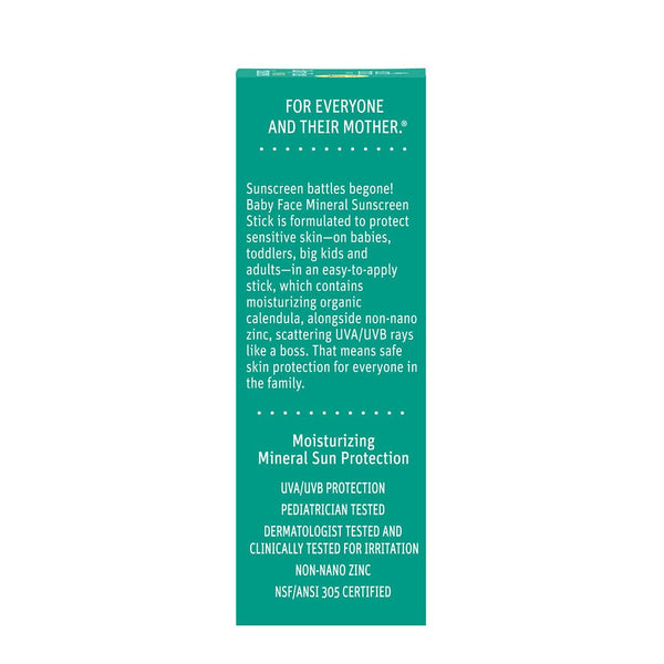 Green label with text about Baby Face Mineral Sunscreen Stick on a white background