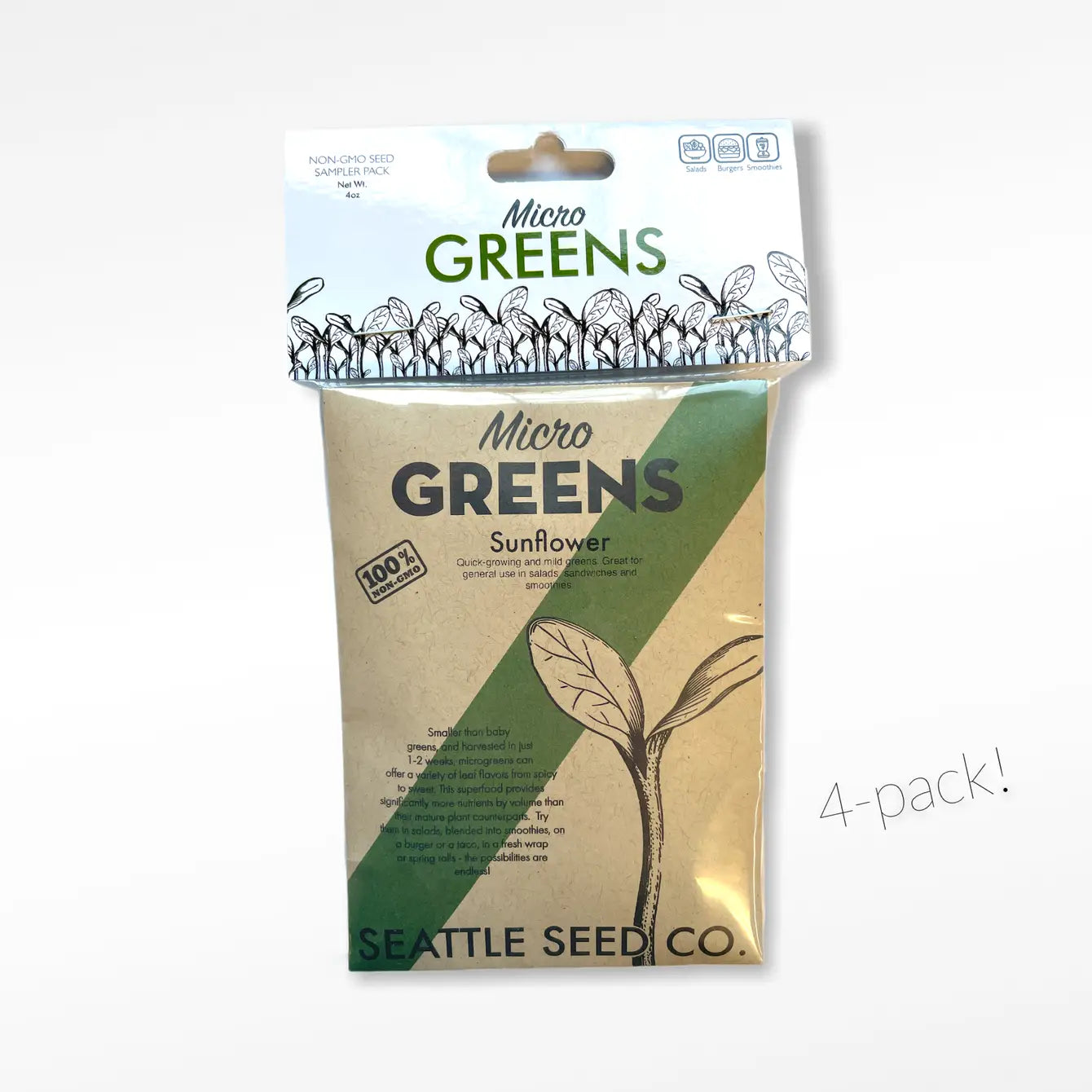 Close-up of non-GMO microgreens seed packets from Seattle Seed Company — Radish, Arugula, Alfalfa and Sunflower
