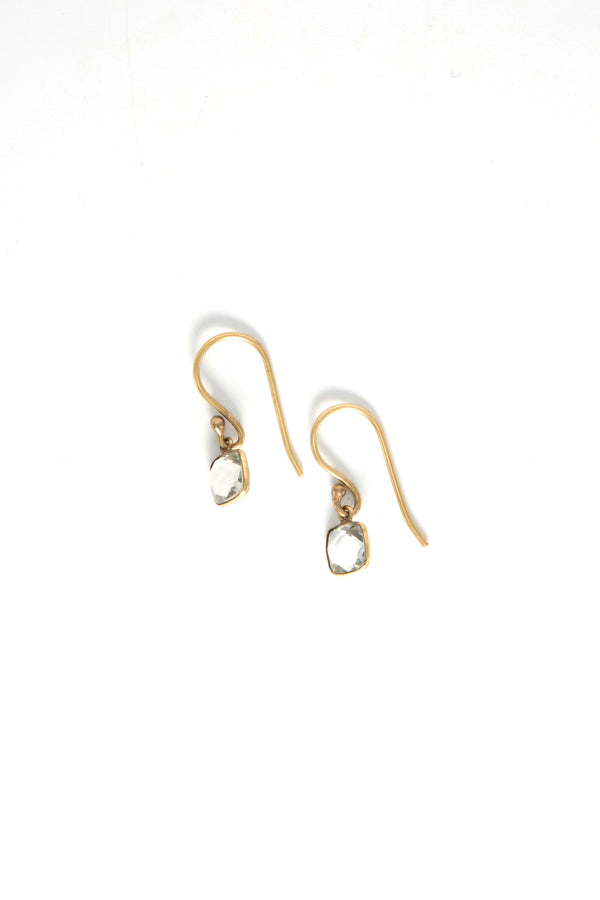 Close-up of green amethyst faceted earrings showing stone detail and nickel-free brass setting