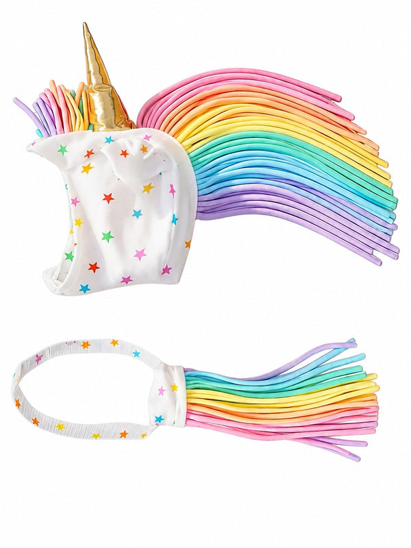 Rainbow Star Unicorn Hat and Tail Set with rainbow mane, gold horn, and star print on white cotton base