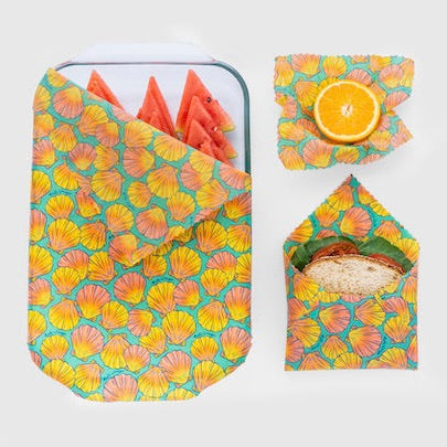 Meli Wraps Beeswax Food Wrap in Sunrise Shell Print laid flat