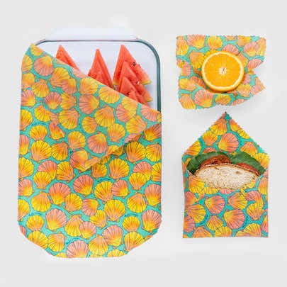 Set of reusable food wraps with shell pattern on a white background