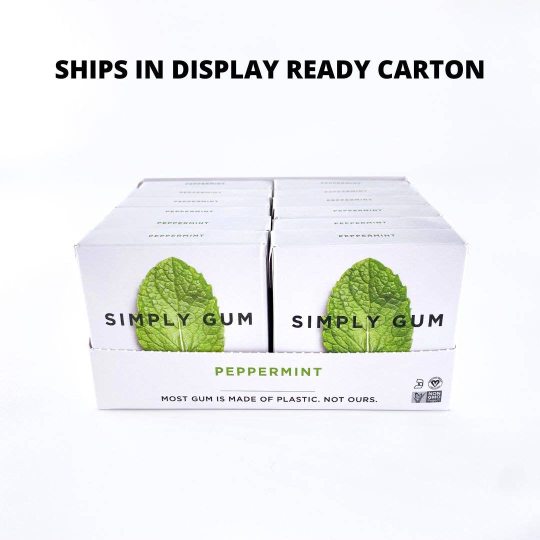 Display of Simply Gum boxes with peppermint flavor on a white background