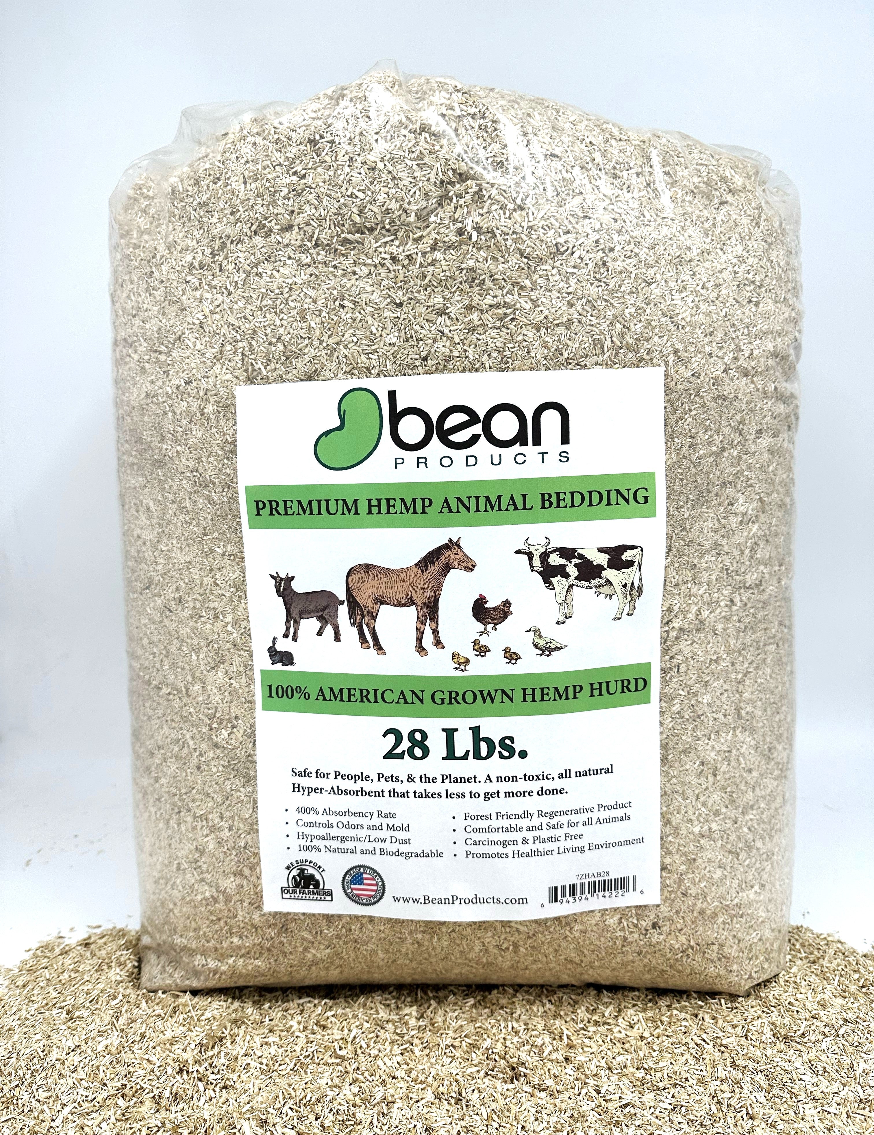 Bag of premium hemp animal bedding with 'bean Products' label on a white background