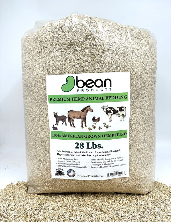 Bag of premium hemp animal bedding with 'bean Products' label on a white background