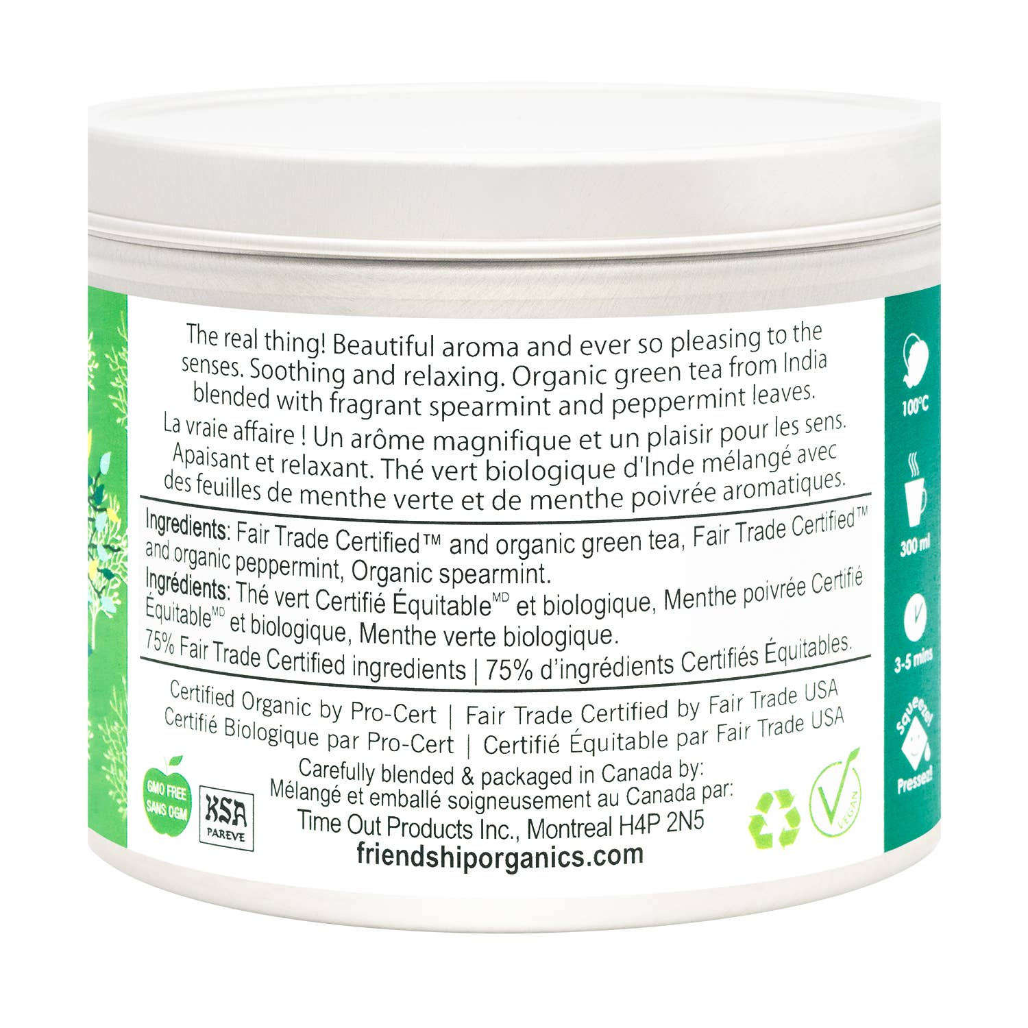 Container label with text and certification logos on a white background