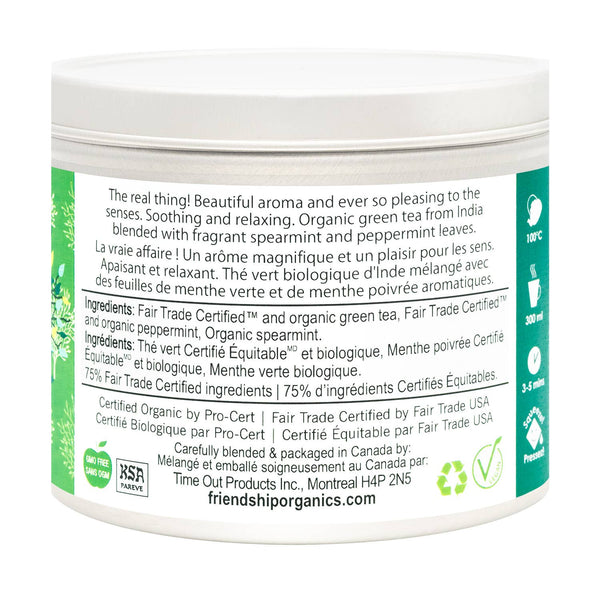 Container label with text and certification logos on a white background