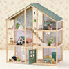 Tiny Land Sweetwood Evergreen wooden dollhouse with evergreen roof and wooden doll family