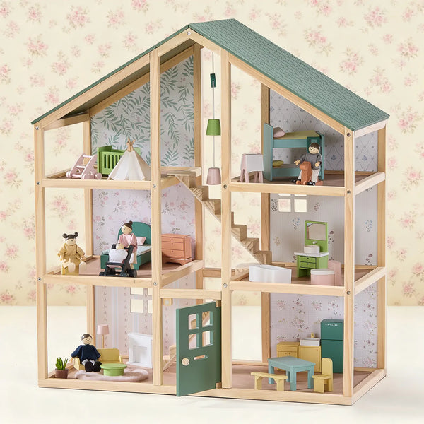 Tiny Land Sweetwood Evergreen wooden dollhouse with evergreen roof and wooden doll family