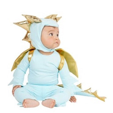 Baby Sky Blue Dragon Pajama Costume with golden dragon wings, handmade in California